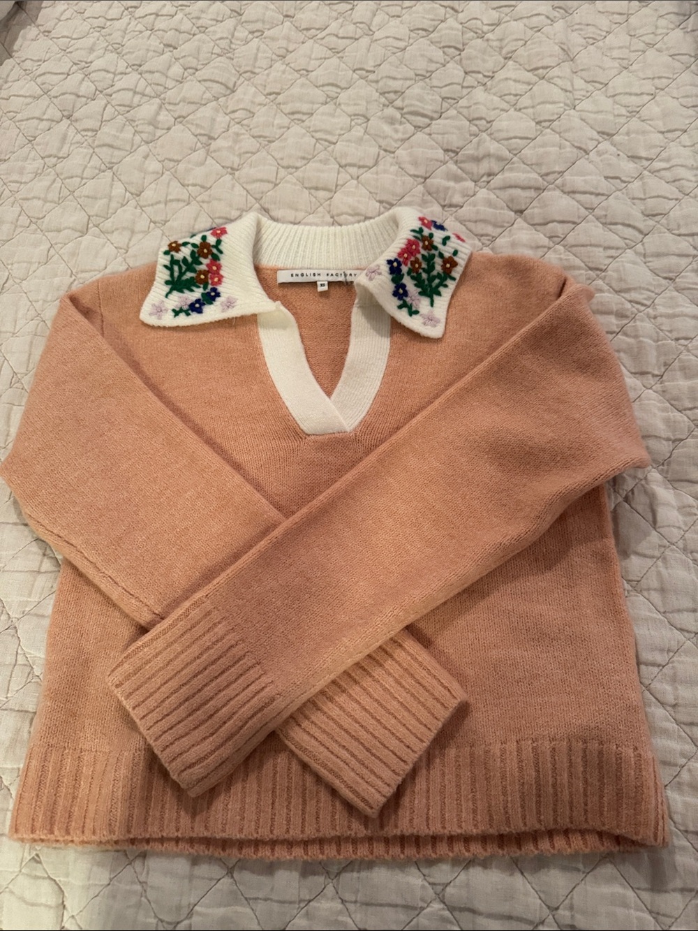 English Factory XS Embroidered-Collar Peach Knit Sweater